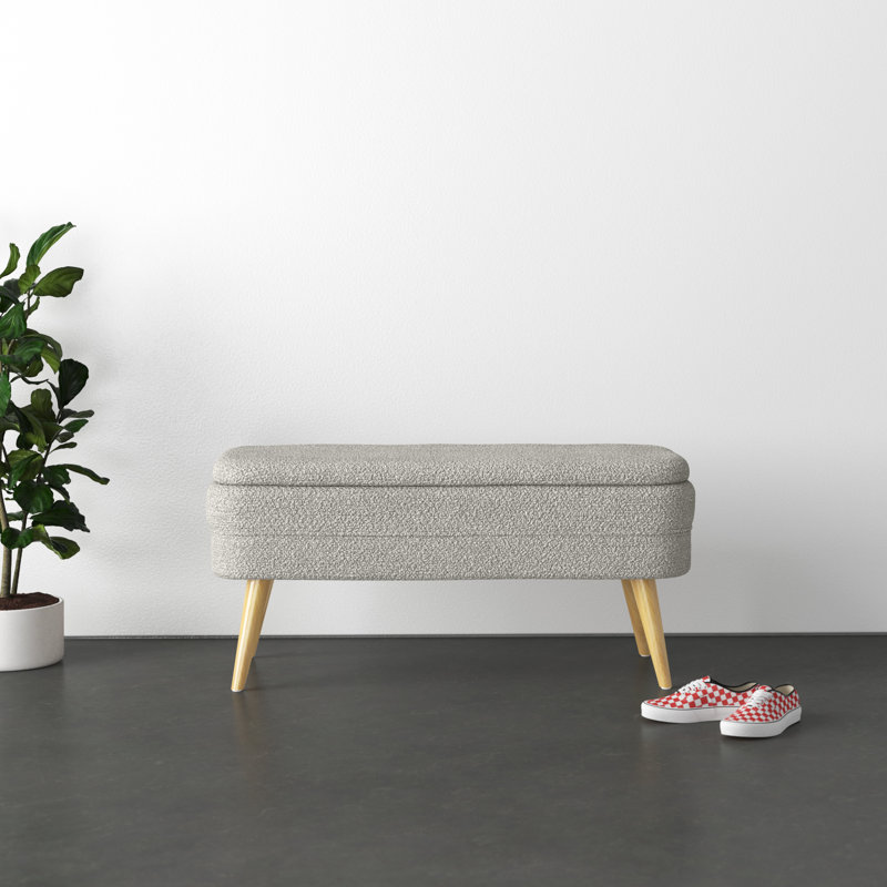 Gray Upholstered Storage Bench with Squared Wood Legs