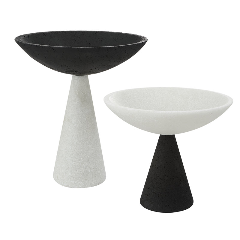 Modern Black and White Stoneware Decorative Bowl Set with Stand