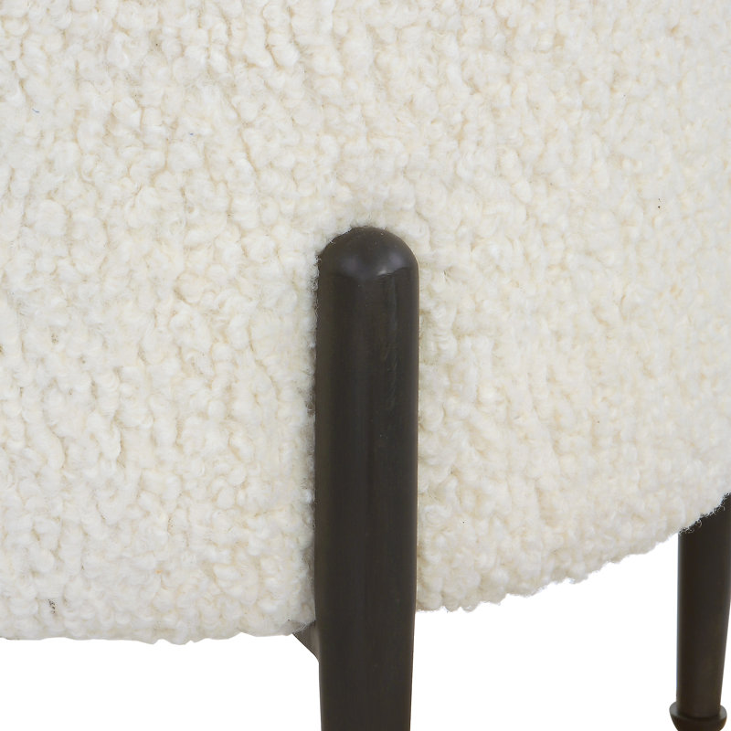 White Faux Shearling Round Ottoman with Black Metal Legs
