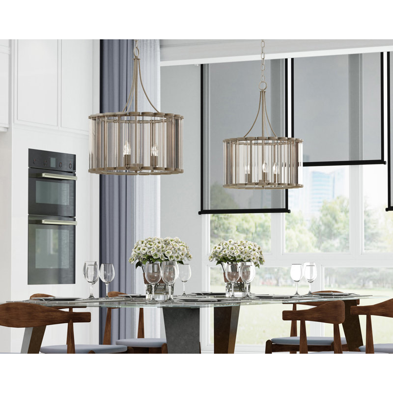 Light Sand Mercury Glass Drum Chandelier with 3 Lights