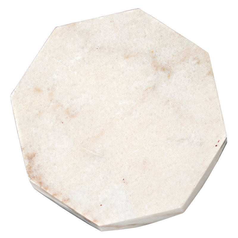 Monolith Faceted White Stone and Wood Drum Side Table