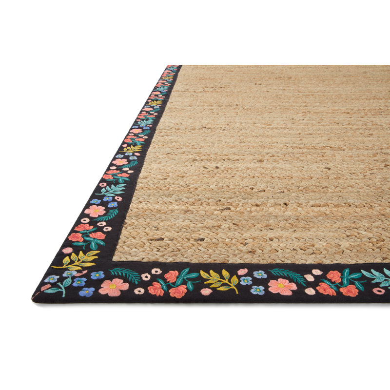 Braided Black and Blue Floral Viscose Runner Rug