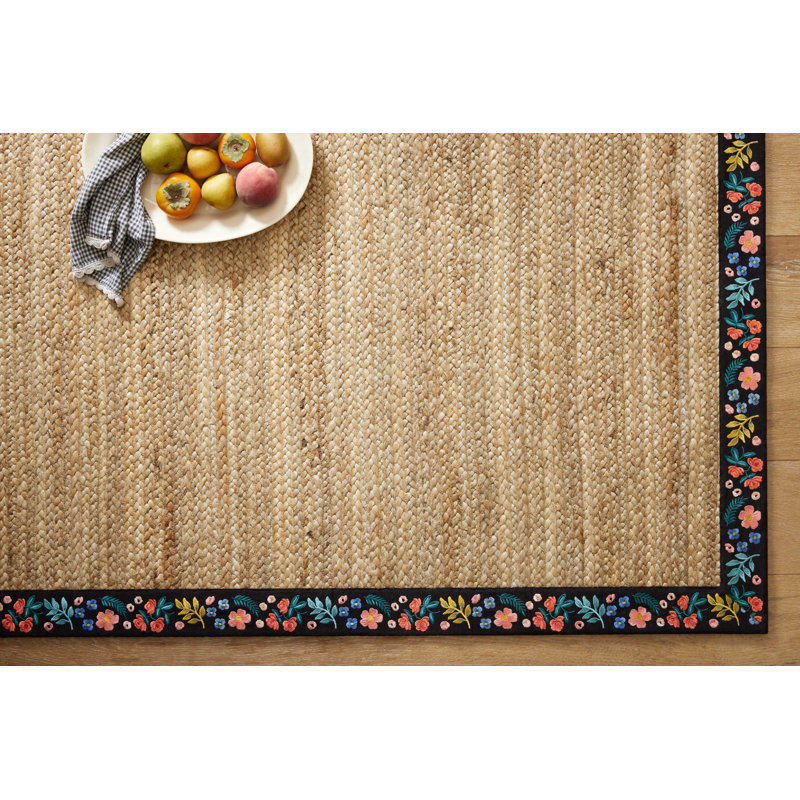 Braided Black and Blue Floral Viscose Runner Rug