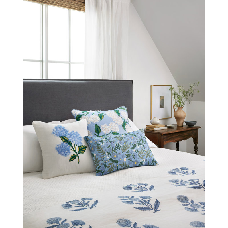 Bouquet Ivory and Blue Cotton Pillow Set with Down Fill