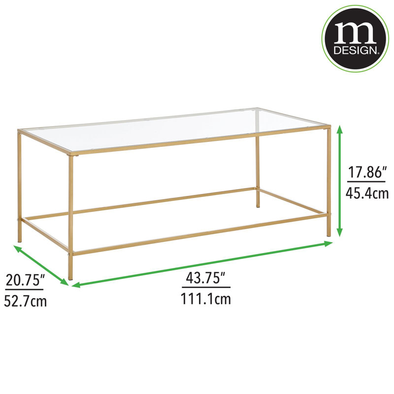 Soft Brass Rectangular Metal and Glass Coffee Table with Storage