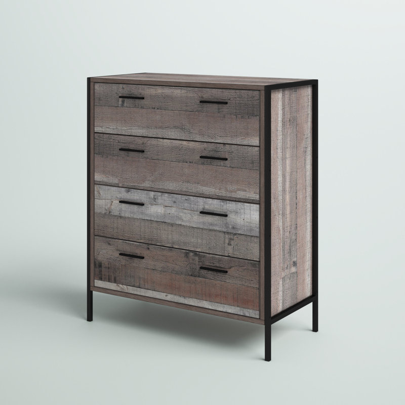 Rustic Reclaimed Barnwood Laminate 4-Drawer Chest with Black Steel Base