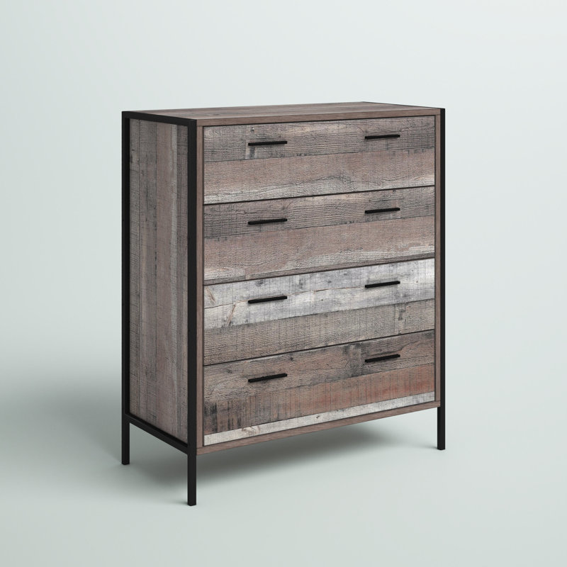 Rustic Reclaimed Barnwood Laminate 4-Drawer Chest with Black Steel Base