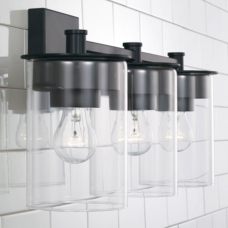 Matte Black Steel and Glass 3-Light Dimmable Vanity Fixture