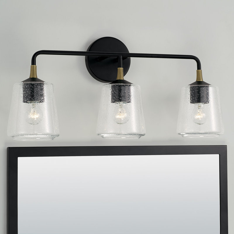 Amara Matte Black and Brass 3-Light Vanity with Seeded Glass
