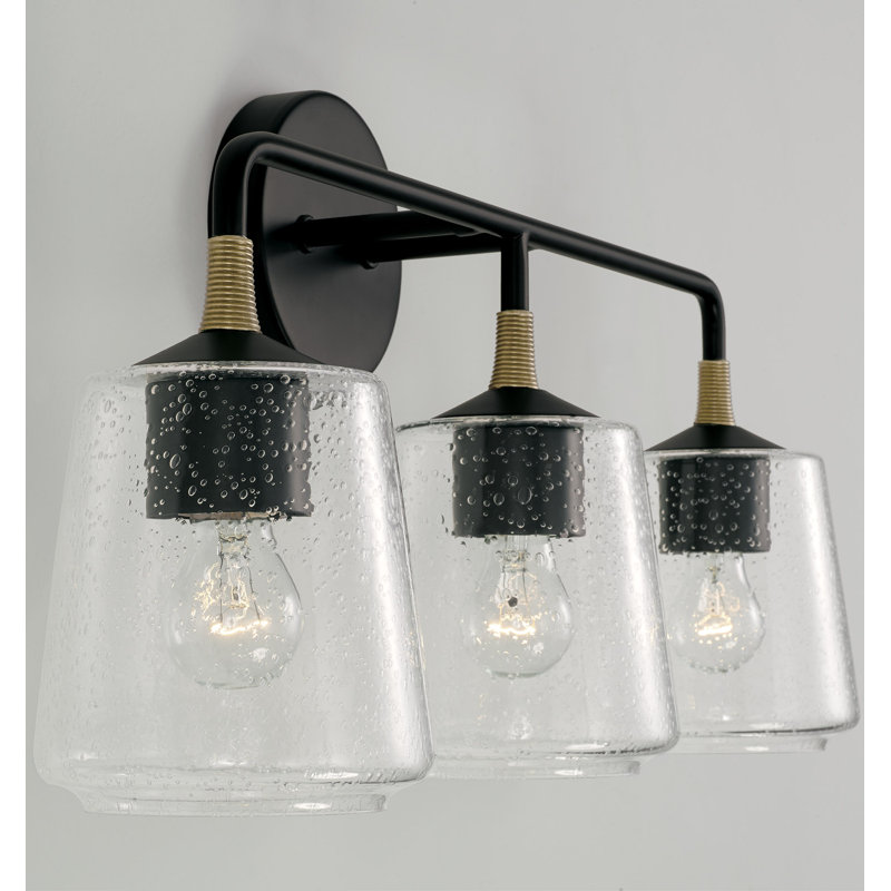 Amara Matte Black and Brass 3-Light Vanity with Seeded Glass