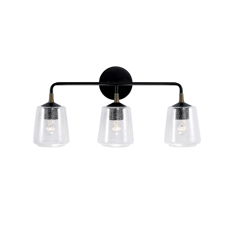 Amara Matte Black and Brass 3-Light Vanity with Seeded Glass