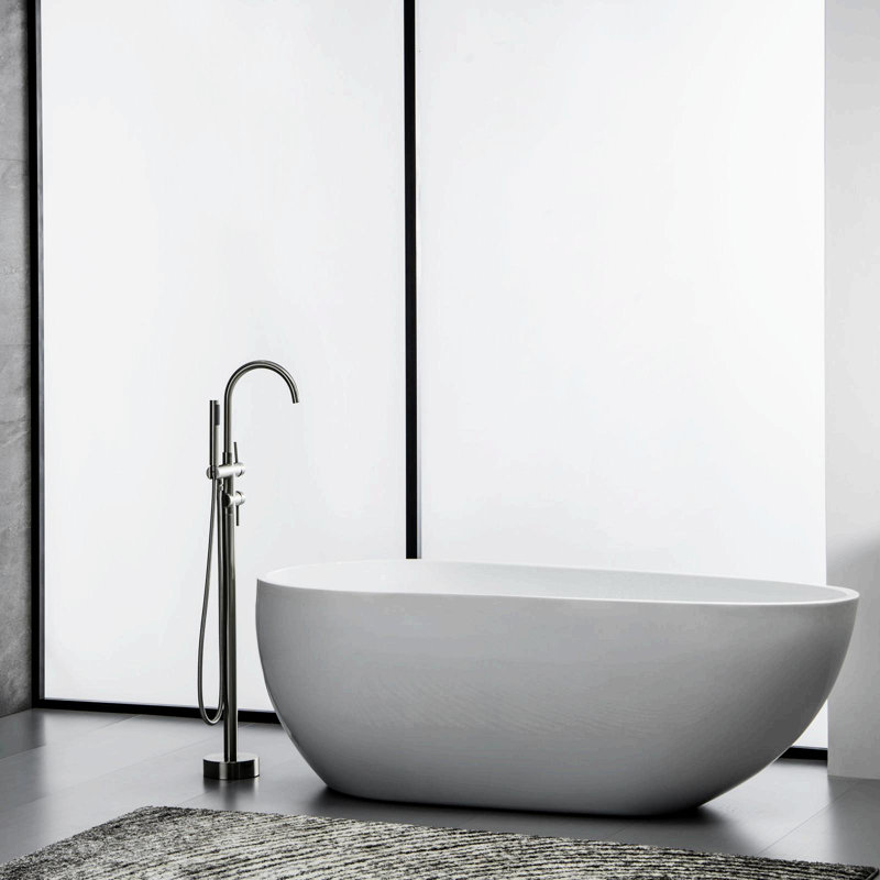 Brushed Nickel Double Handle Floor Mount Tub Faucet with Hand Shower