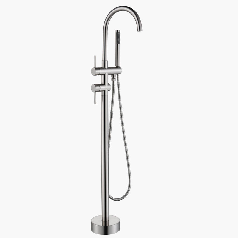 Brushed Nickel Double Handle Floor Mount Tub Faucet with Hand Shower