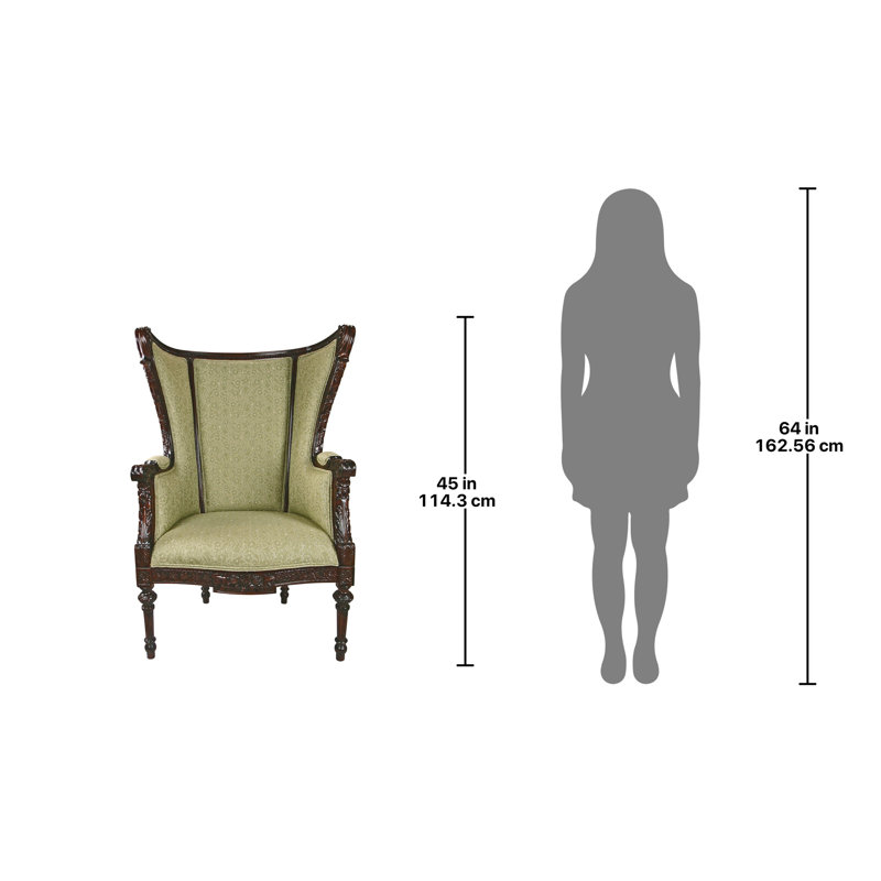 Elegant Celadon Green Wingback Chair with Mahogany Wood Base