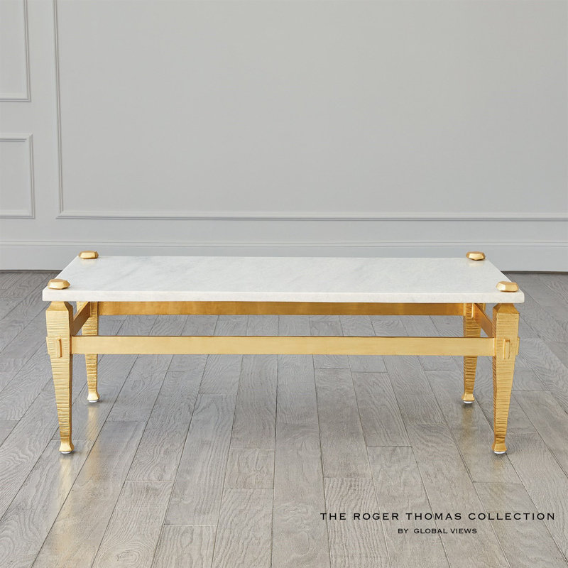 Roman Gold Leaf Contemporary Metal Coffee Table with White Marble Top