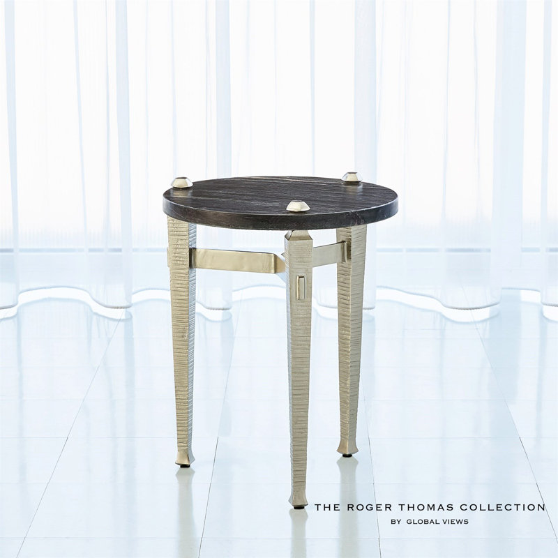 Round Black Marble and Nickel Metal Side Table