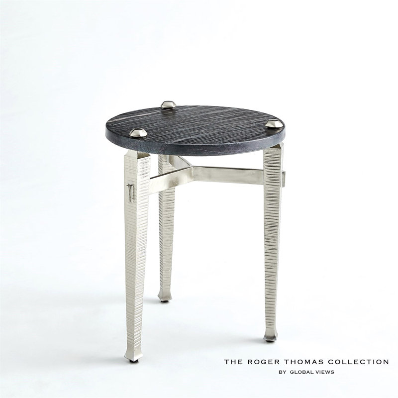 Round Black Marble and Nickel Metal Side Table