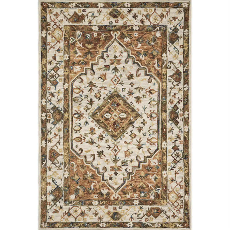 Handmade Ivory & Rust Rectangular Wool Area Rug, 5' x 7'