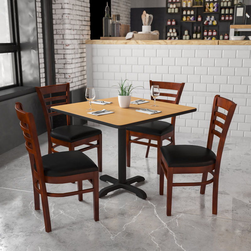 Mahogany Wood Ladderback Chair with Black Vinyl Seat