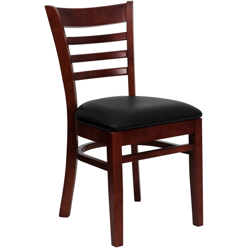 Mahogany Wood Ladderback Chair with Black Vinyl Seat