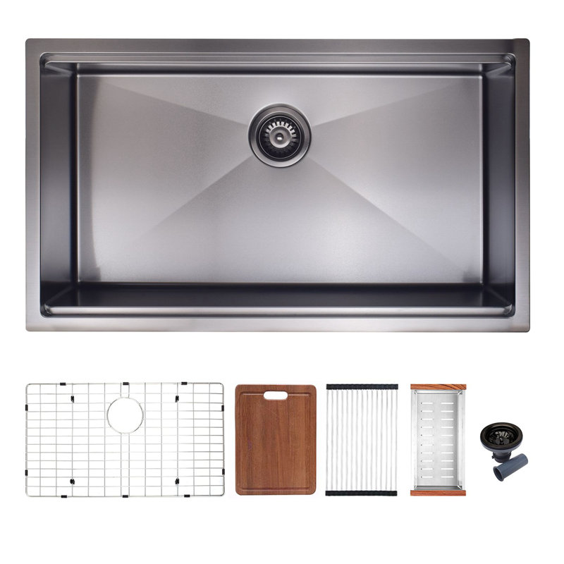 32'' Matte Black Undermount Single Bowl Stainless Steel Kitchen Sink with Accessories
