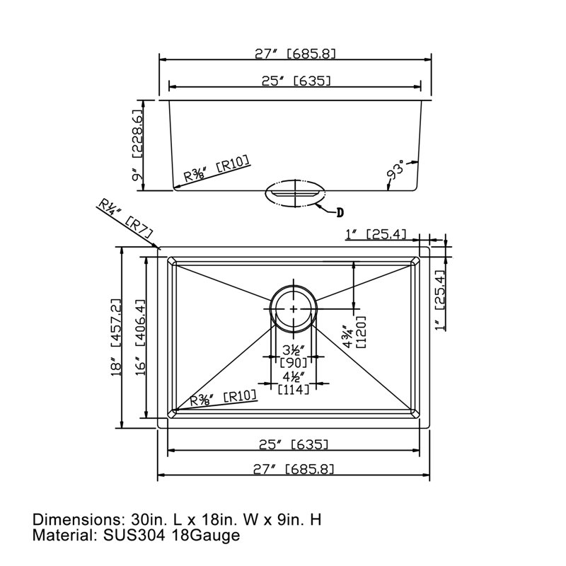 27" Stainless Steel Single Bowl Undermount Kitchen Sink