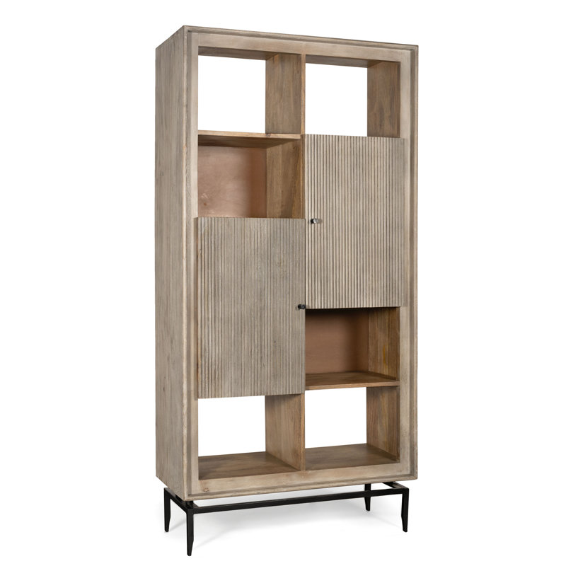 Gray Mango Wood Tall Accent Cabinet with Black Metal Hardware