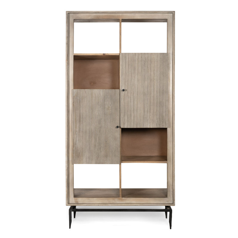 Gray Mango Wood Tall Accent Cabinet with Black Metal Hardware