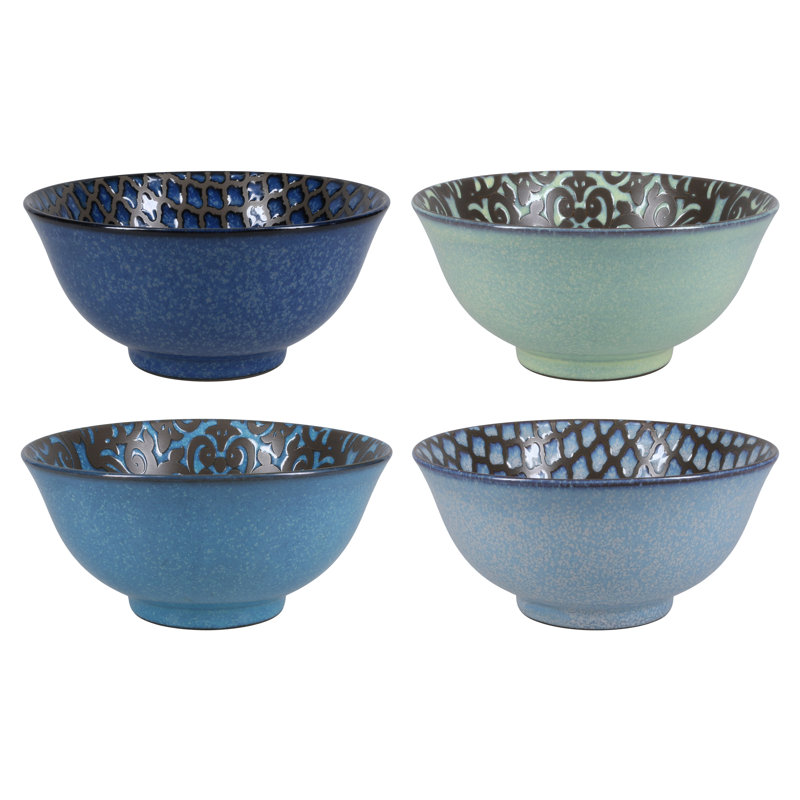 Assorted Blue and Green Ceramic 24 Ounce Serving Bowls, Set of 4