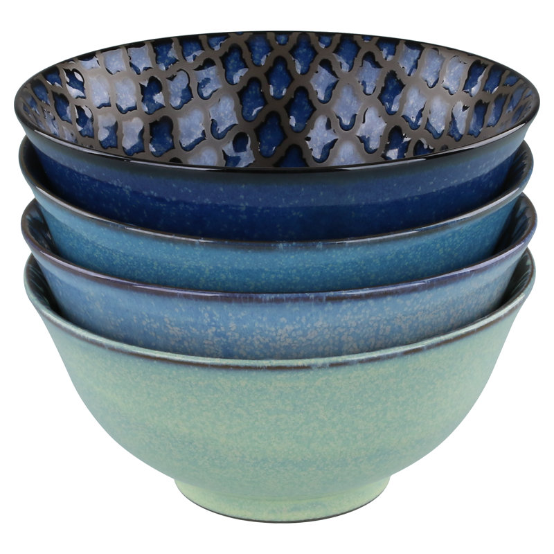 Assorted Blue and Green Ceramic 24 Ounce Serving Bowls, Set of 4