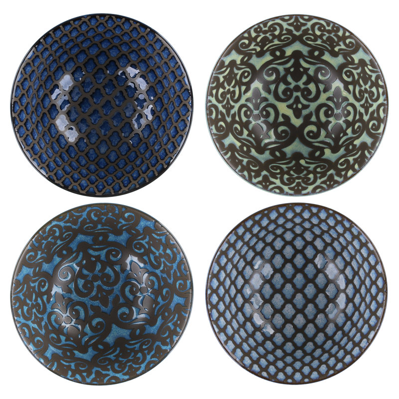 Assorted Blue and Green Ceramic 24 Ounce Serving Bowls, Set of 4