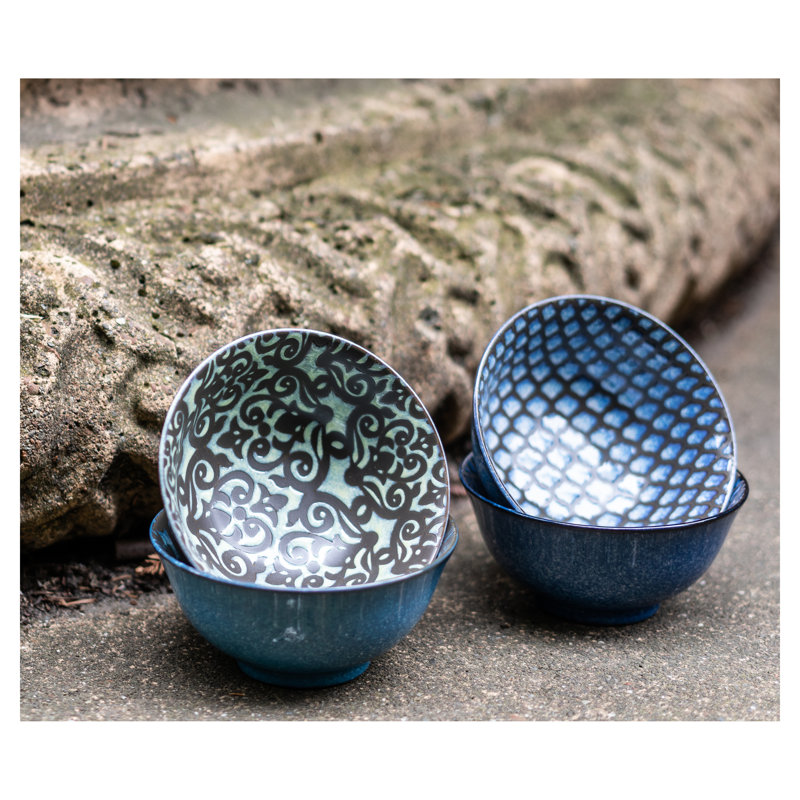 Assorted Blue and Green Ceramic 24 Ounce Serving Bowls, Set of 4