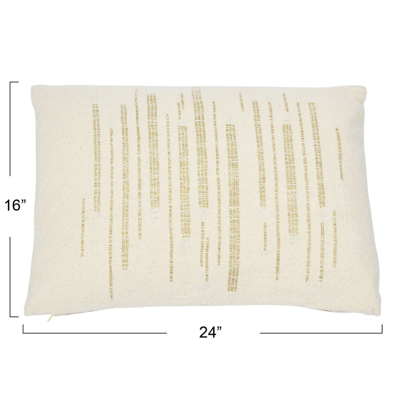 24"x16" Woven Cotton Slub Lumbar Pillow with Gold Embroidery