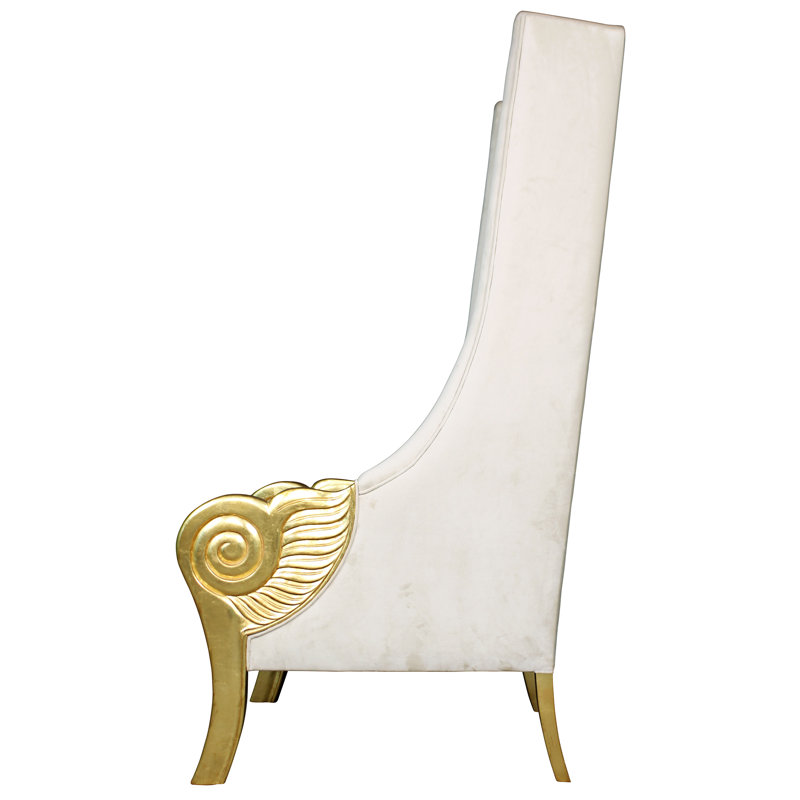 Eros White Velvet Handcrafted Wingback Chair with Gold Accents
