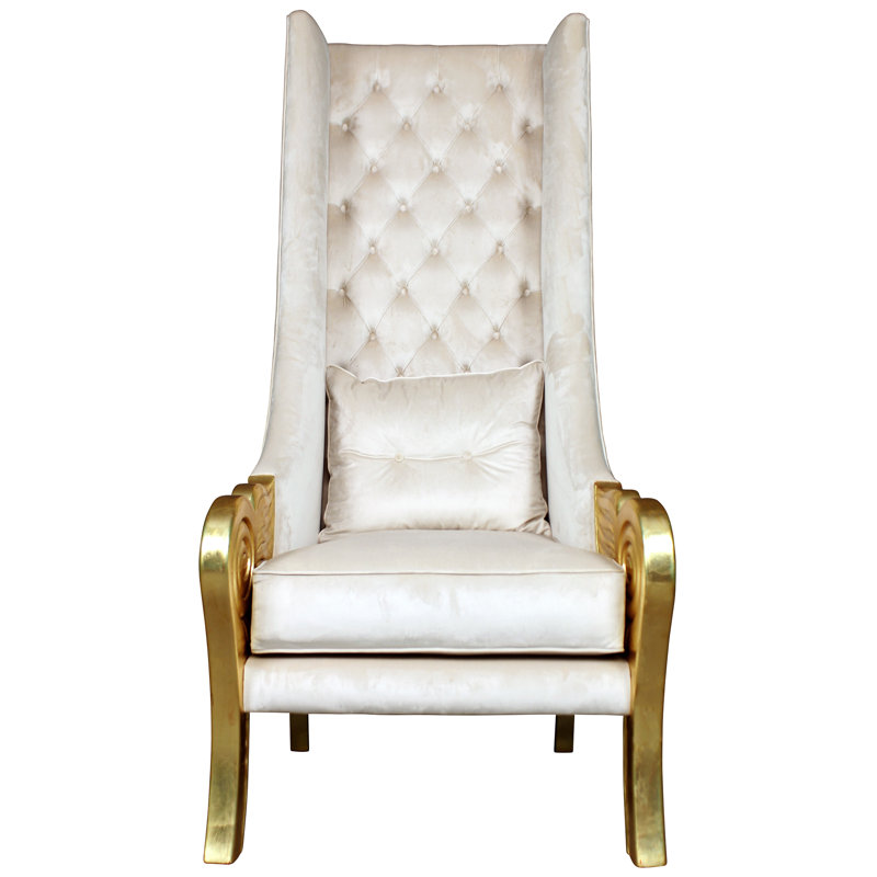 Eros White Velvet Handcrafted Wingback Chair with Gold Accents