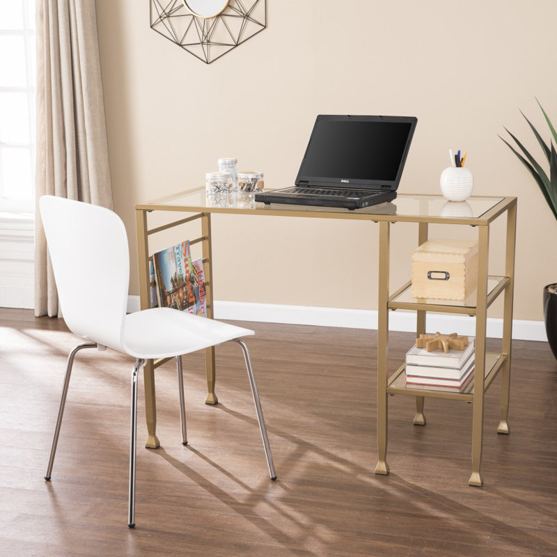 Sleek Matt Gold & Tempered Glass Writing Desk with Open Shelves