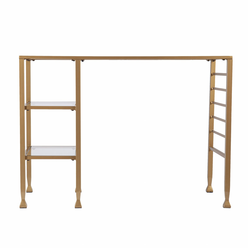 Sleek Matt Gold & Tempered Glass Writing Desk with Open Shelves