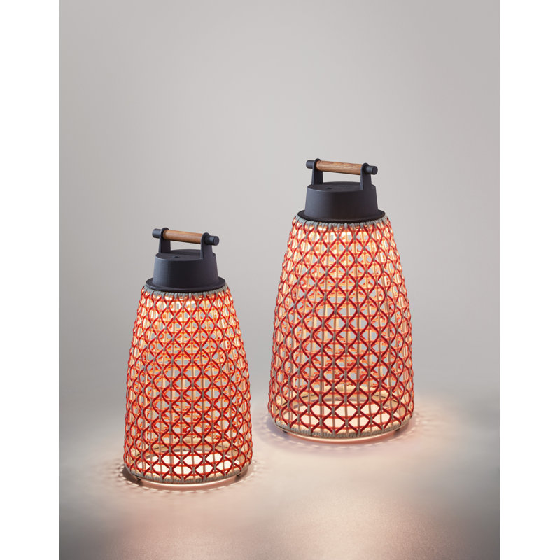 Bronze Adjustable Cordless Outdoor Table Lamp with Red Shade