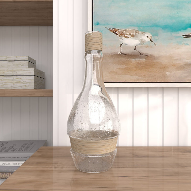 Coastal Clear Glass Vase with Rattan Detail, 16" Height