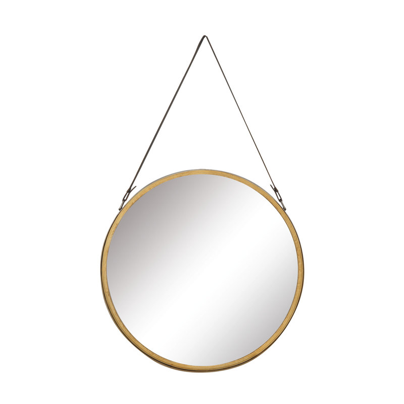 Contemporary Round Gold Metal Mirror with Leather Hang Strap