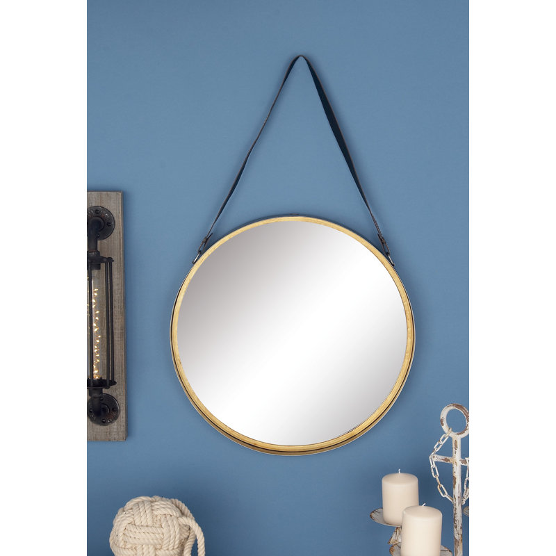 Contemporary Round Gold Metal Mirror with Leather Hang Strap