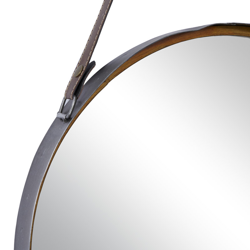 Contemporary Round Gold Metal Mirror with Leather Hang Strap