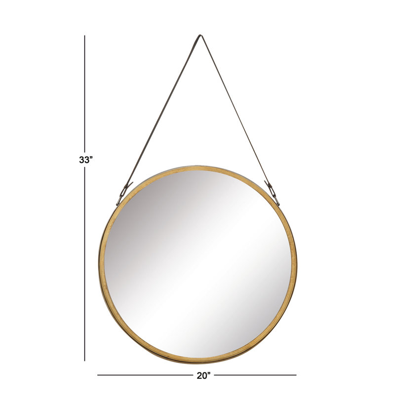 Contemporary Round Gold Metal Mirror with Leather Hang Strap