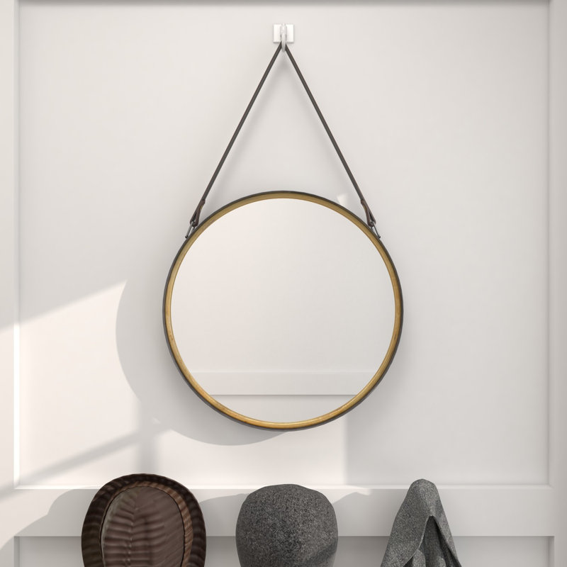 Contemporary Round Gold Metal Mirror with Leather Hang Strap