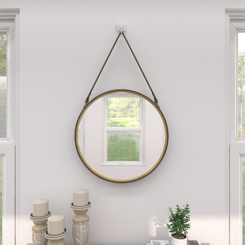 Contemporary Round Gold Metal Mirror with Leather Hang Strap