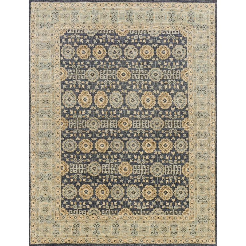 Handmade Indigo and Light Blue Wool Rectangular Area Rug 5'-6" x 8'-6"