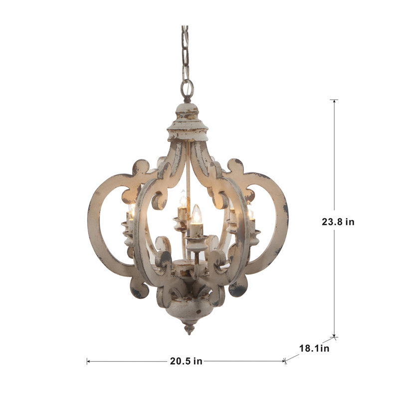 Antiqued White Wood and Metal 6-Light Geometric Chandelier