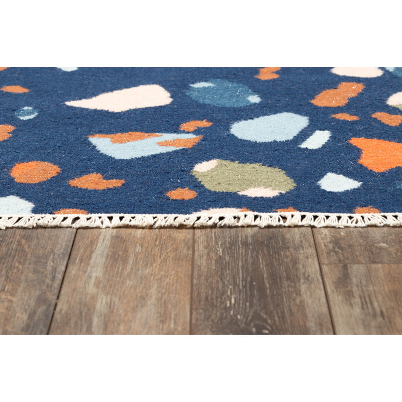 Navy Geometric Handwoven Wool Area Rug, 9' x 12'