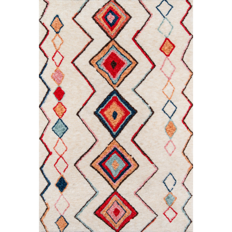 Vibrant Geometric Red Synthetic 7'6" x 9'6" Tufted Area Rug