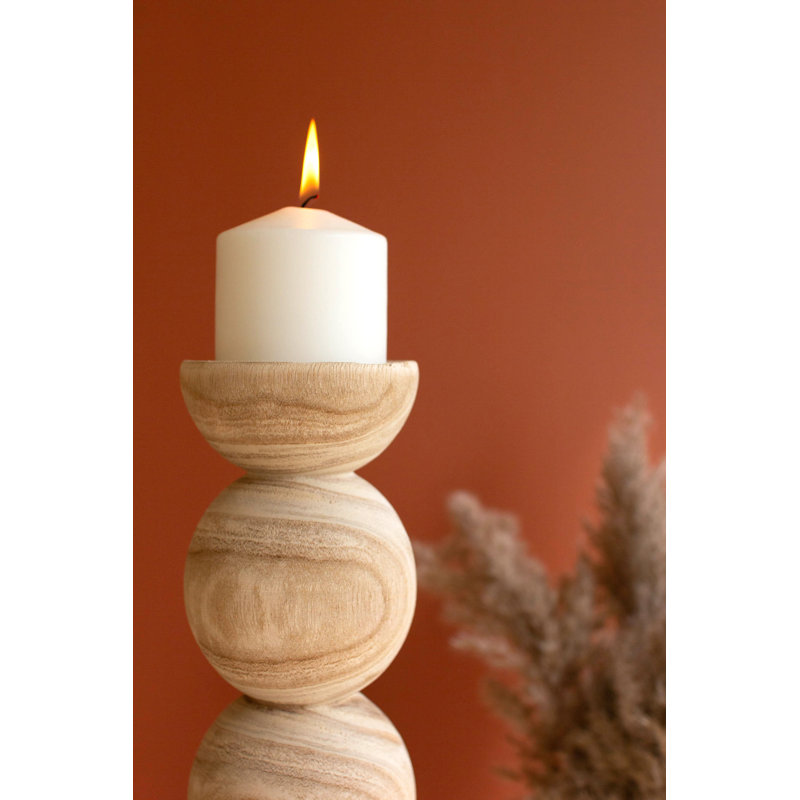 Classic Hand Carved Wooden Stacked Ball Candlestick Set